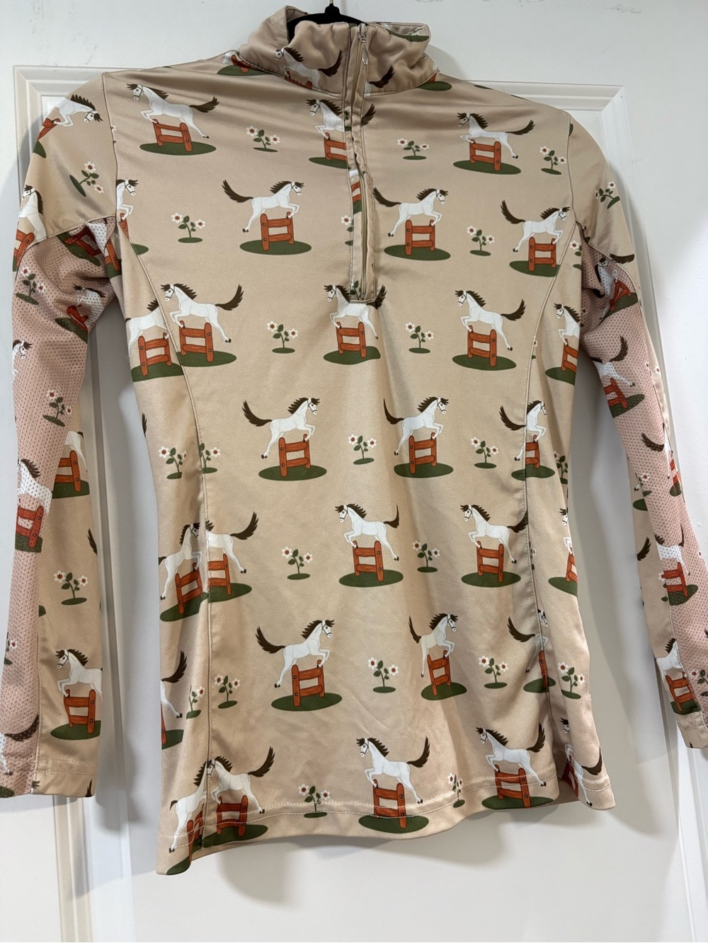 Women’s Beige Horse-Print Quarter-Zip Pullover Hoodie